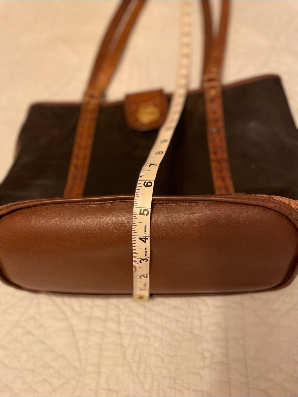 Vintage BRAHMIN Tuscan Leather Tote Black with Brown Crocodile-Embossed Trim - Picture 10 of 11